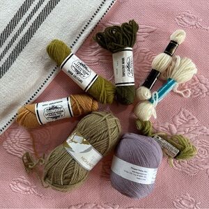 Assorted Wool Yarn Bundle in Green, Tan,Cream, and Purple